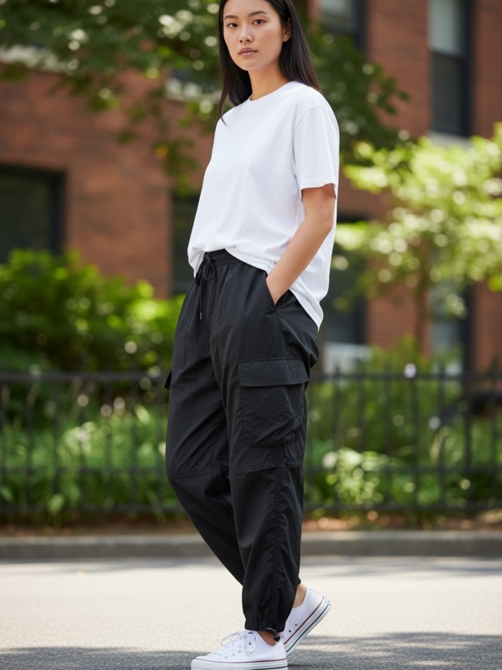 Halara Black Mid Rise Adjustable Drawcord Casual Cargo Joggers with Pockets
